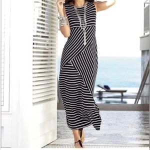 Chico’s Travelers Size 1 Maxi Dress Black White Stripe Chicos Medium Slinky Flow